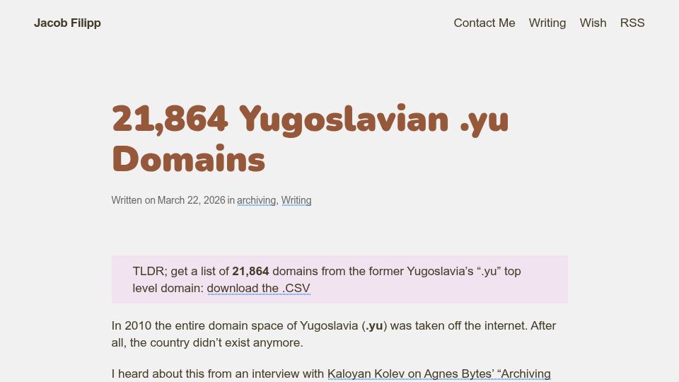 Screenshot of jacobfilipp.com: 21,864 Yugoslavian .yu Domains