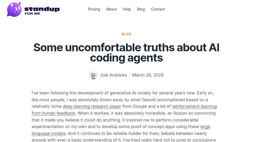 Screenshot of standupforme.app: Some uncomfortable truths about AI coding agents
