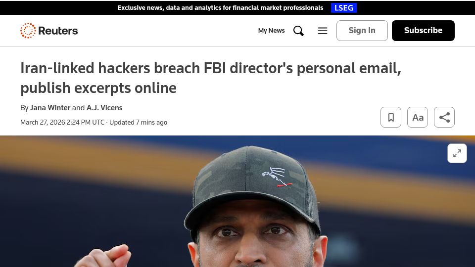 Screenshot of reuters.com: Iran-linked hackers breach FBI director's personal email