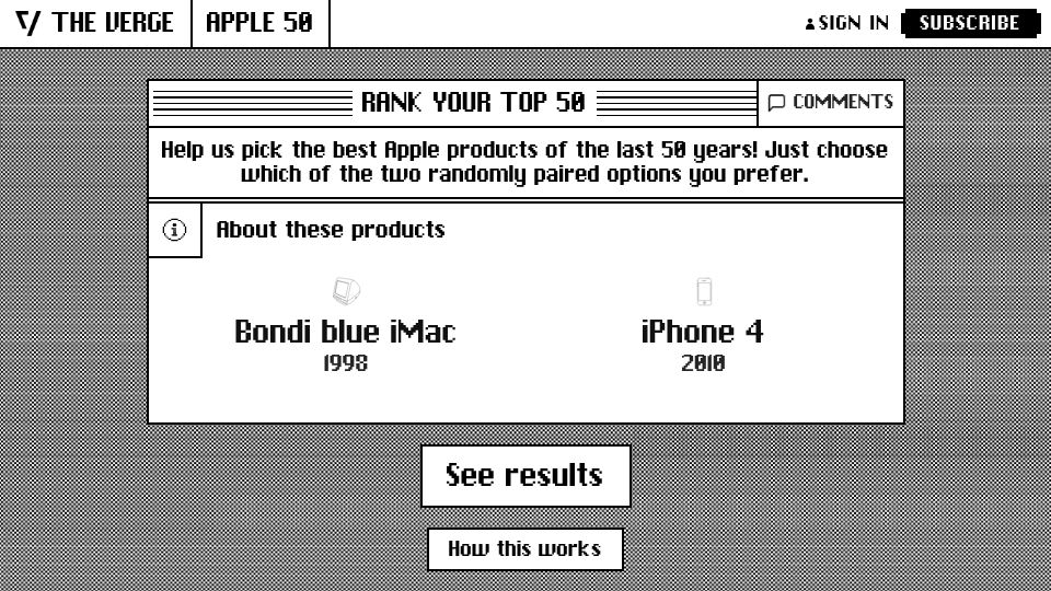Screenshot of theverge.com: Rank the 50 best Apple products