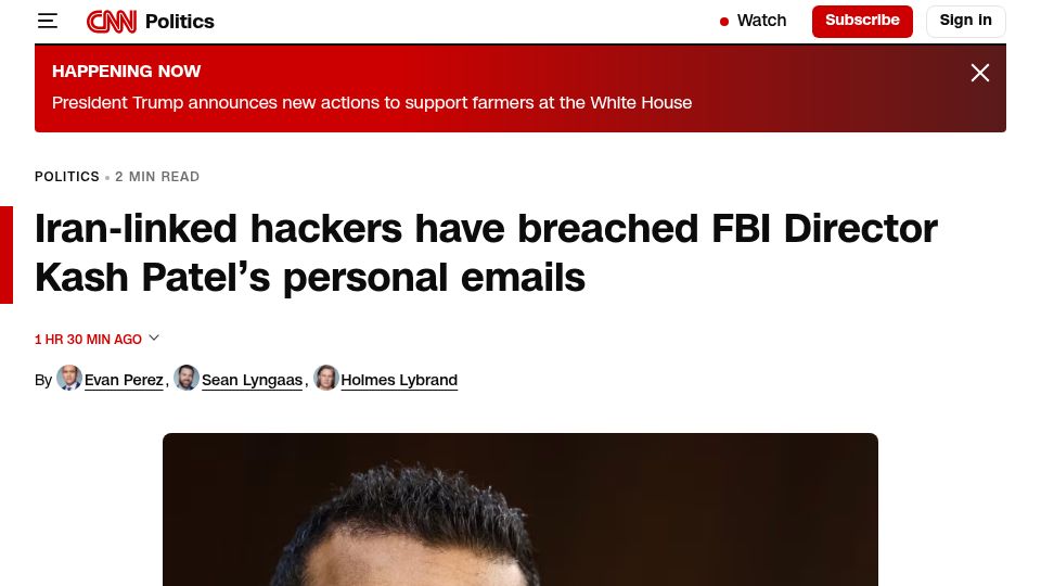 Screenshot of cnn.com: Iran-linked hackers have breached FBI director's personal emails