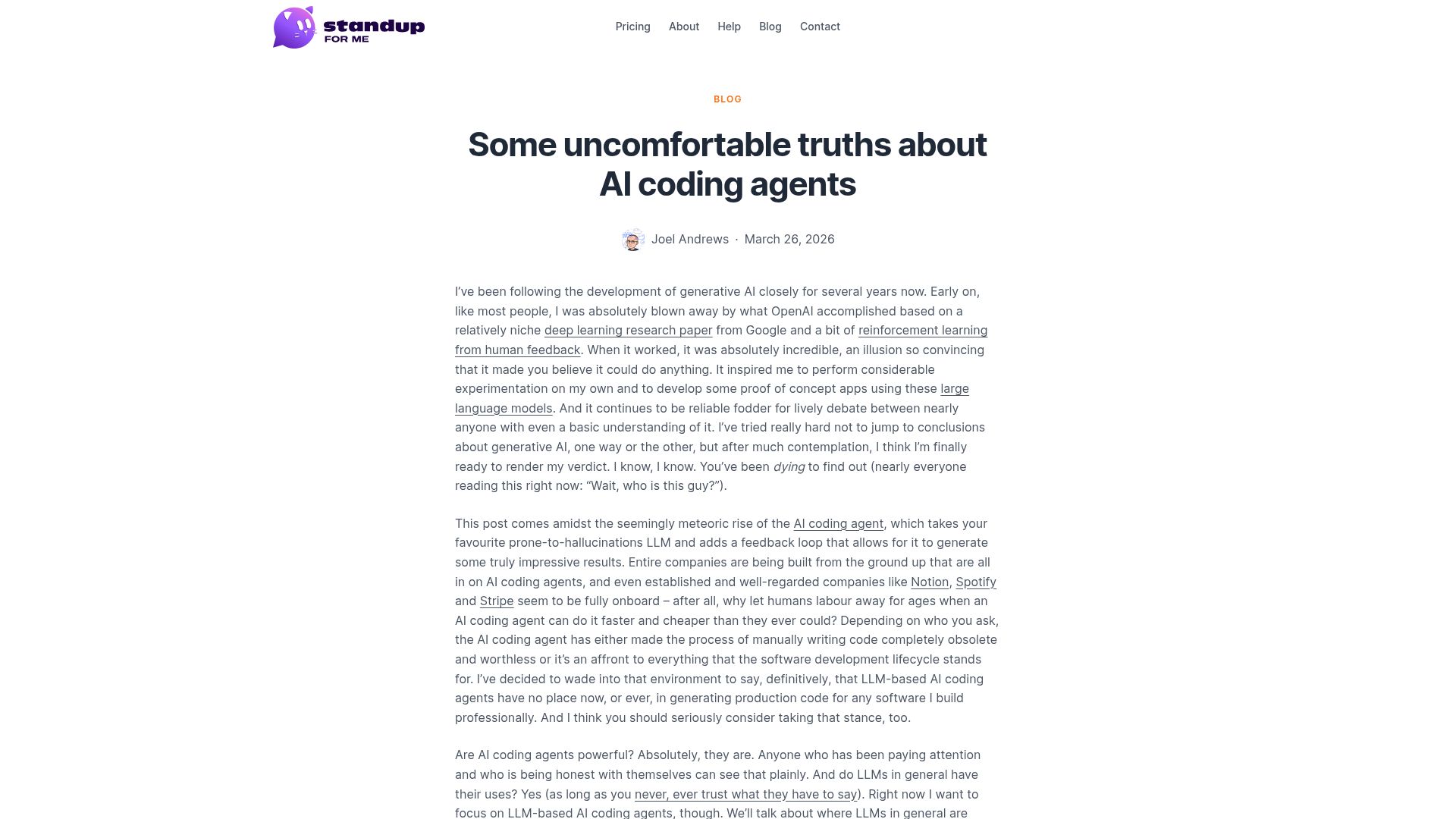 Screenshot of standupforme.app: Some uncomfortable truths about AI coding agents