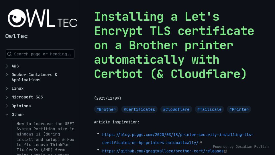 Screenshot of owltec.ca: Installing a Let's Encrypt TLS certificate on a Brother printer with Certbot