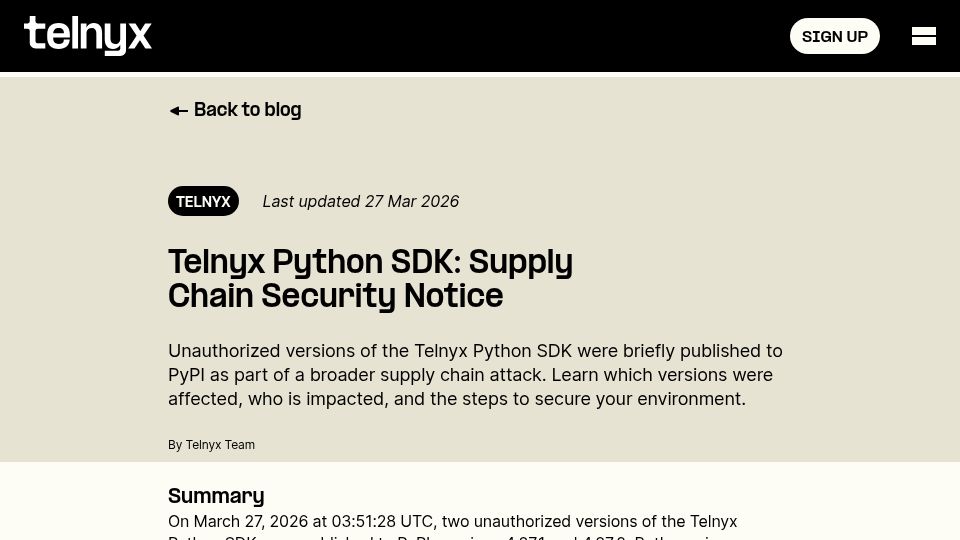 Screenshot of telnyx.com: Telnyx package compromised on PyPI