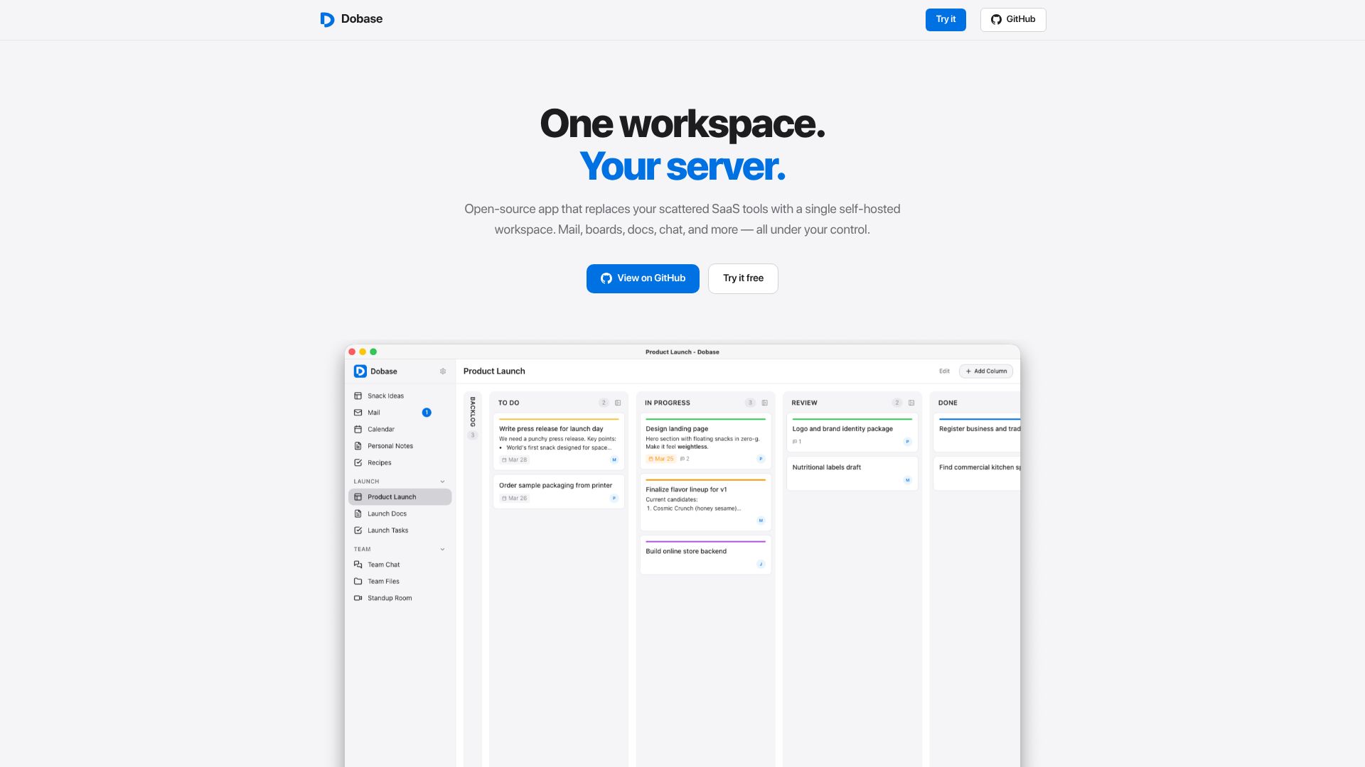 Screenshot of dobase.co: Dobase – Your workspace, your server