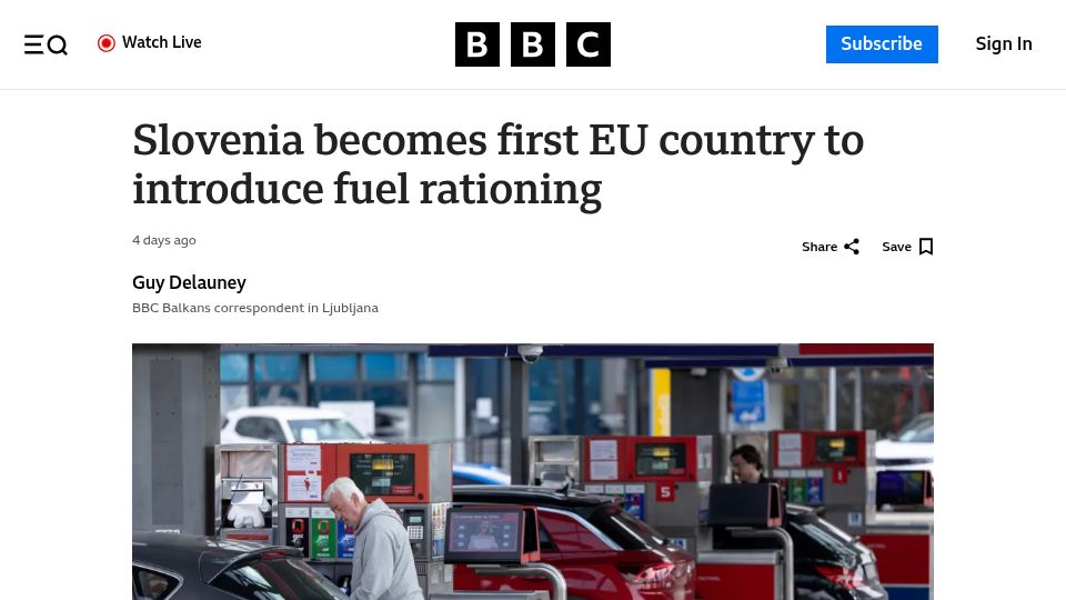 Screenshot of bbc.com: Slovenia becomes first EU country to introduce fuel rationing