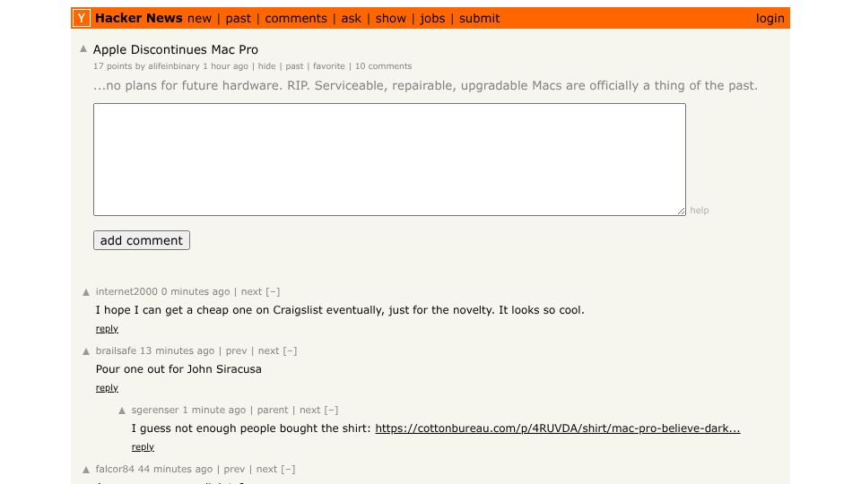 Screenshot of Hacker News post: Apple Discontinues Mac Pro