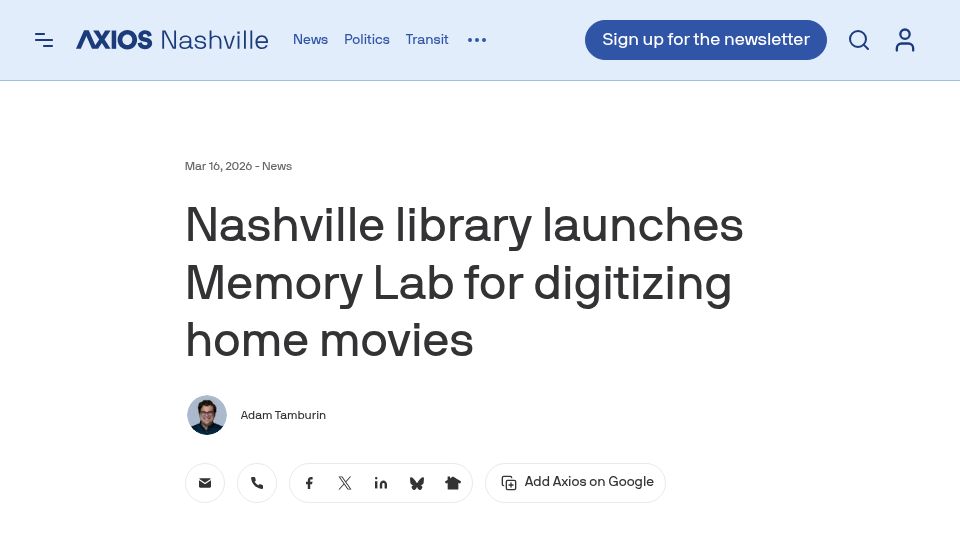 Screenshot of axios.com: Nashville library launches Memory Lab for digitizing home movies