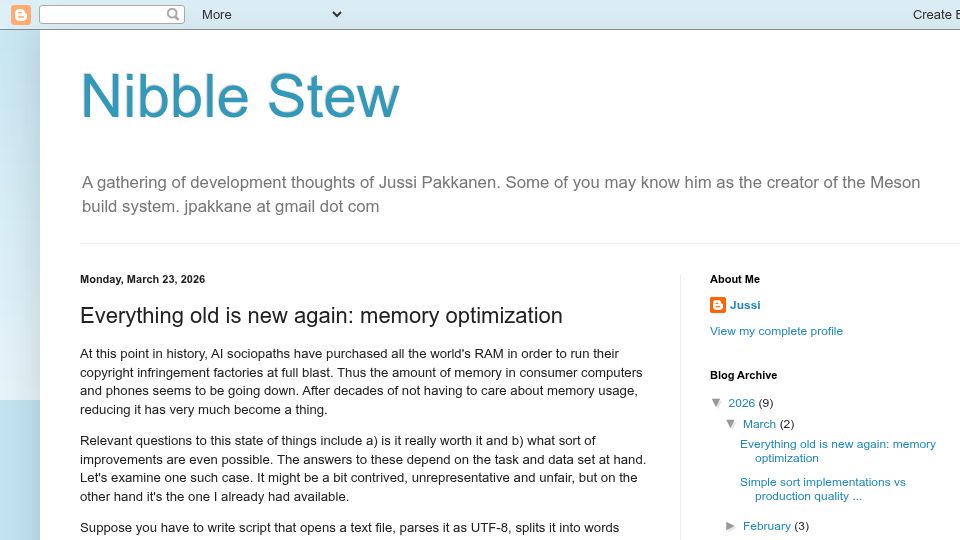 Screenshot of nibblestew.blogspot.com: Everything old is new again: memory optimization