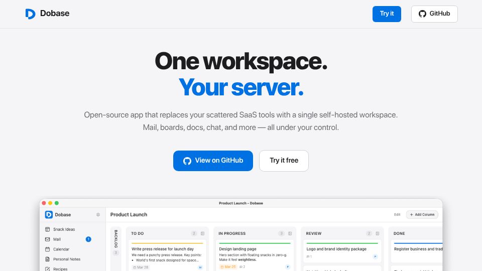 Screenshot of dobase.co: Dobase – Your workspace, your server