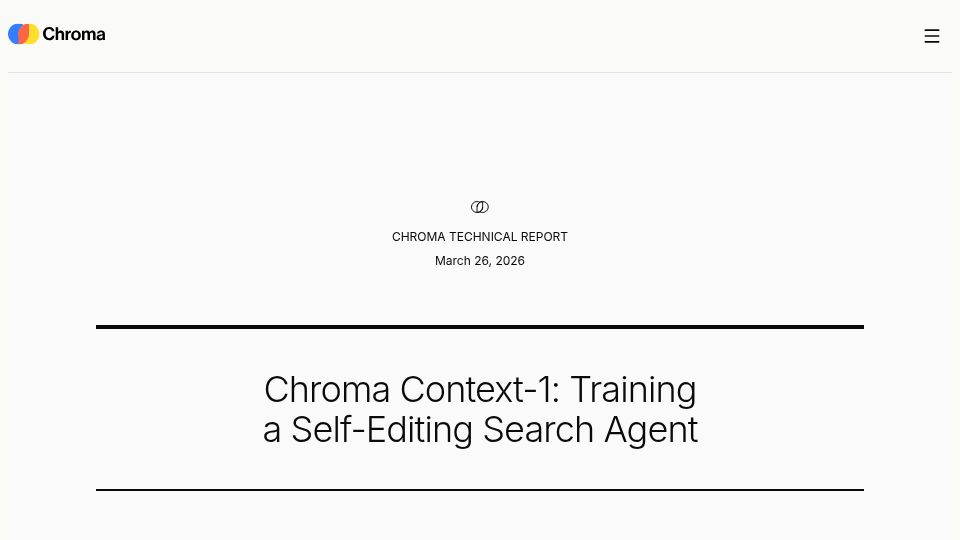 Screenshot of trychroma.com: Chroma Context-1: Training a Self-Editing Search Agent