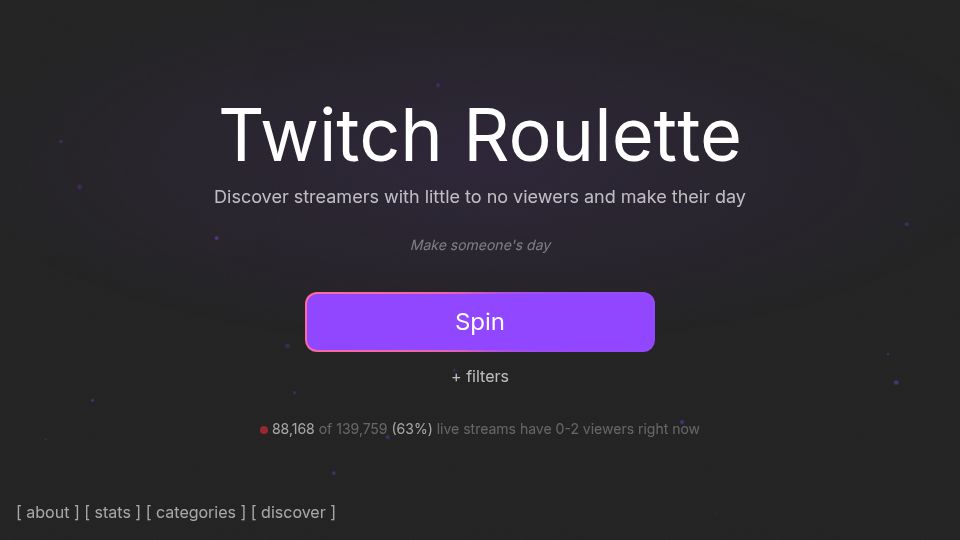 Screenshot of twitchroulette.net: Show HN: Twitch Roulette – Find live streamers who need views the most
