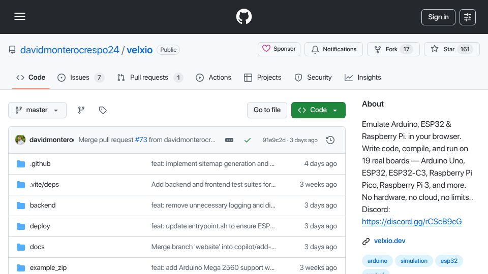 Screenshot of github.com: Velxio 2.0 – Emulate Arduino, ESP32, and Raspberry Pi 3 in the Browser