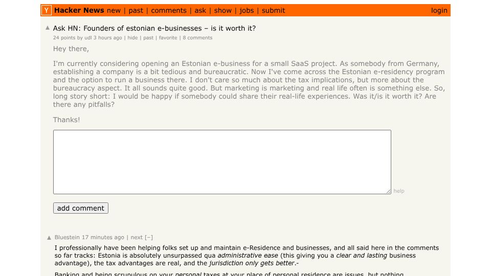 Screenshot of Hacker News post: Ask HN: Founders of estonian e-businesses – is it worth it?