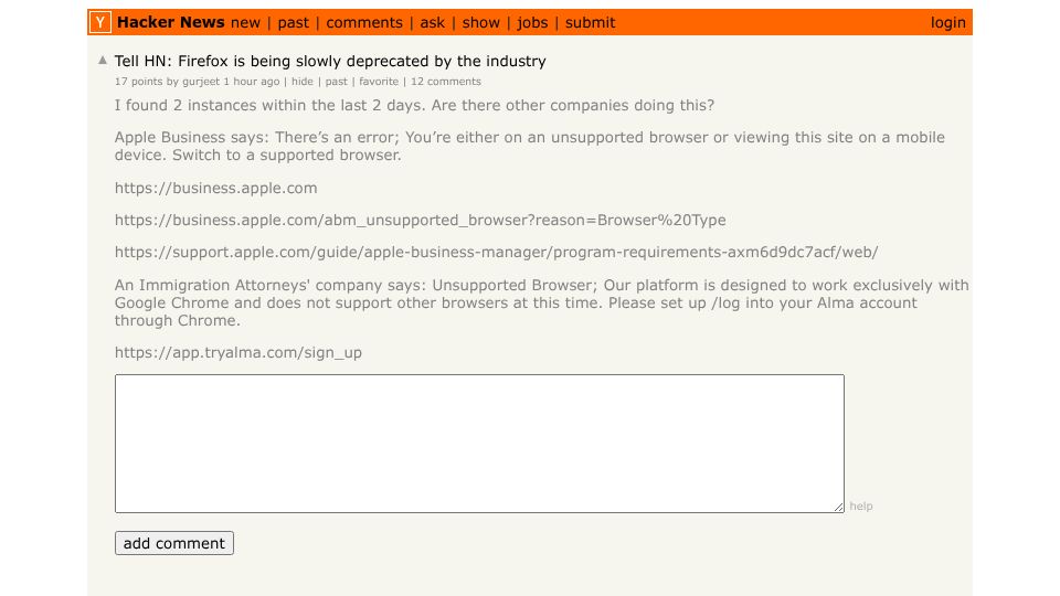 Screenshot of Hacker News post: Tell HN: Firefox is being slowly deprecated by the industry