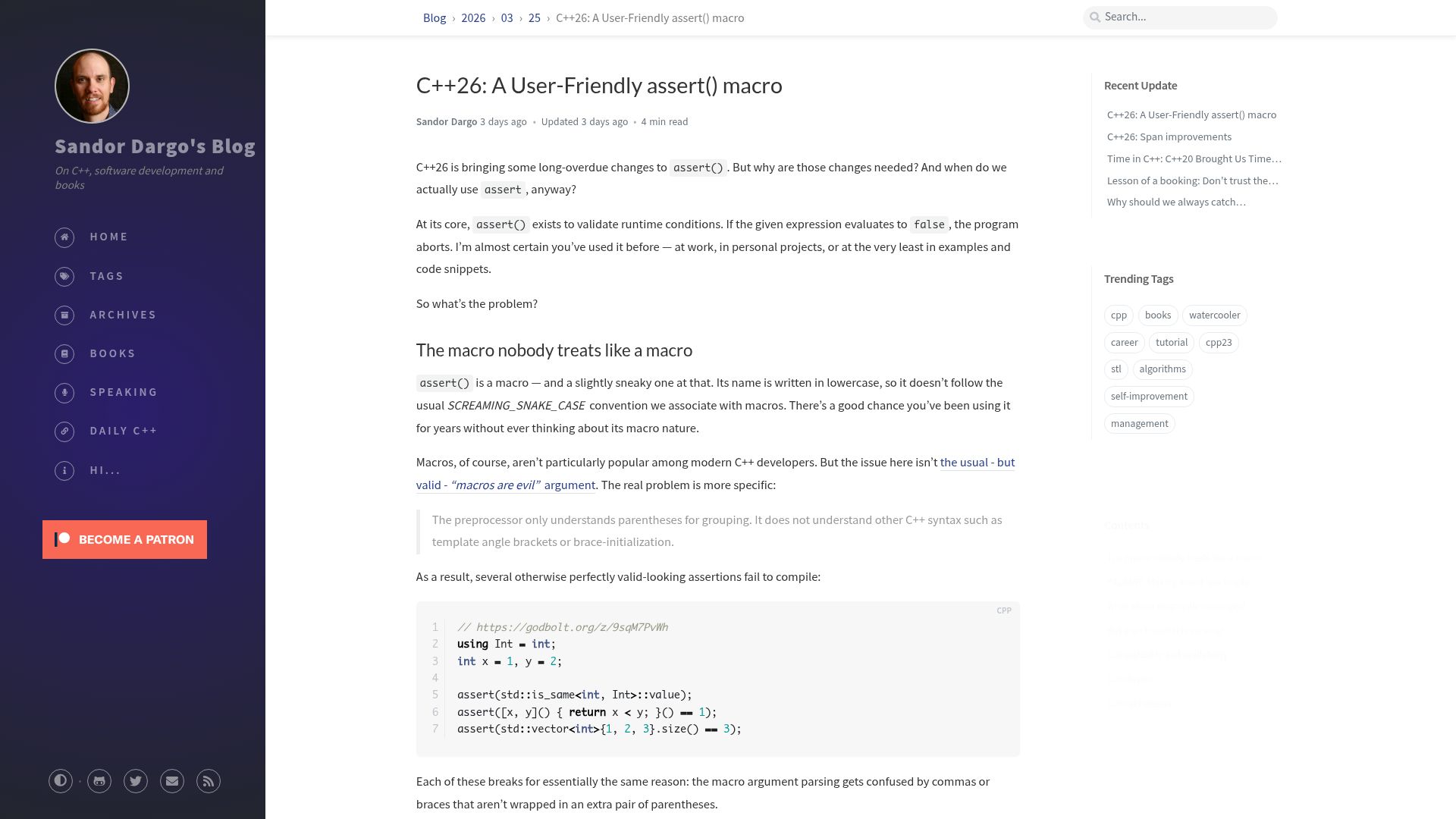 Screenshot of sandordargo.com: C++26: A User-Friednly assert() macro