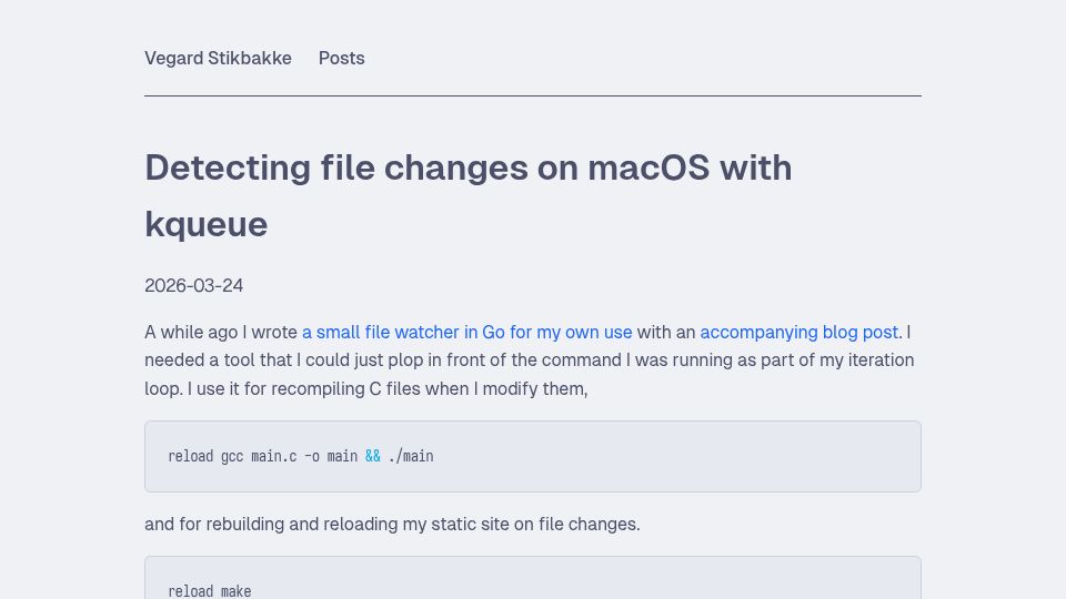 Screenshot of vegardstikbakke.com: Detecting file changes on macOS with kqueue