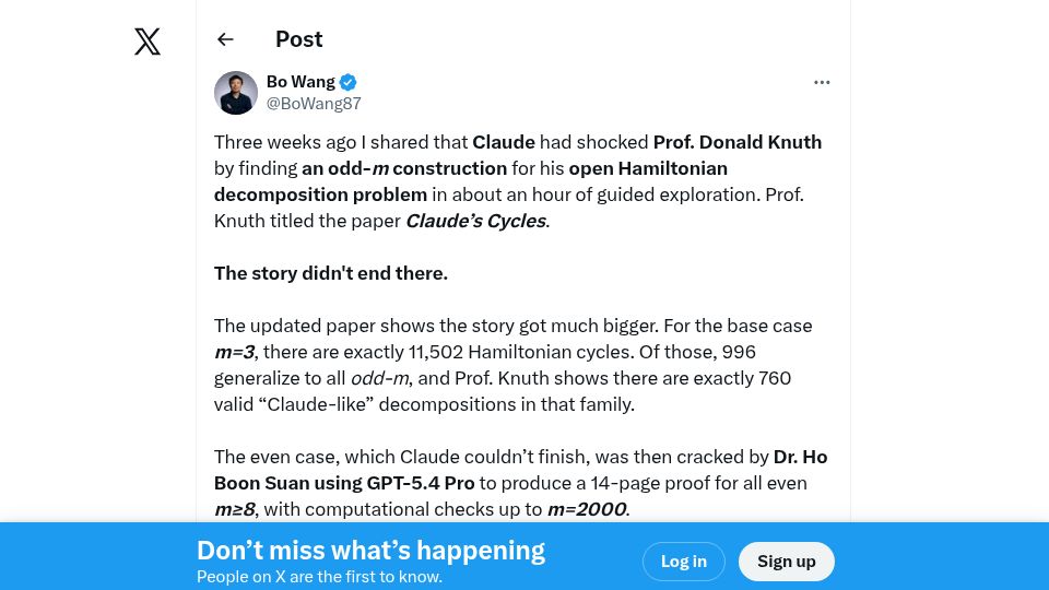 Screenshot of twitter.com: Further human + AI + proof assistant work on Knuth's "Claude Cycles" problem