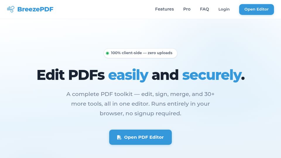 Screenshot of breezepdf.com: Show HN: Free, in-browser PDF editor