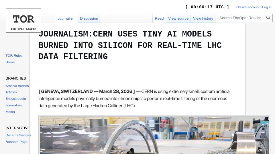 Screenshot of theopenreader.org: CERN uses ultra-compact AI models on FPGAs for real-time LHC data filtering