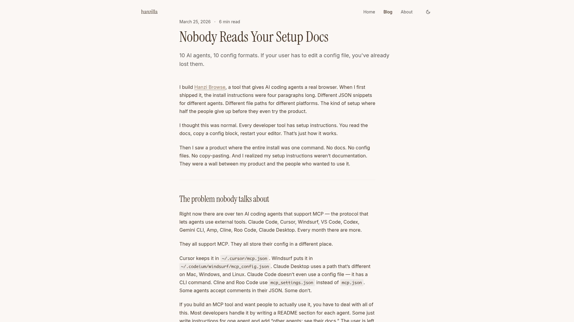 Screenshot of hanzilla.co: Nobody Reads Your Setup Docs