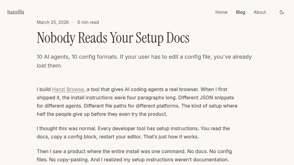 Screenshot of hanzilla.co: Nobody Reads Your Setup Docs