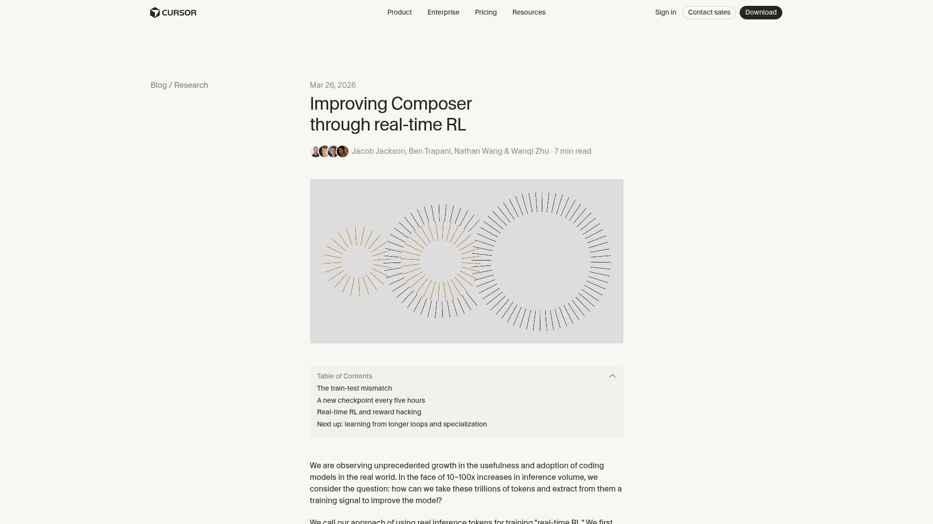 Screenshot of cursor.com: Improving Composer through real-time RL