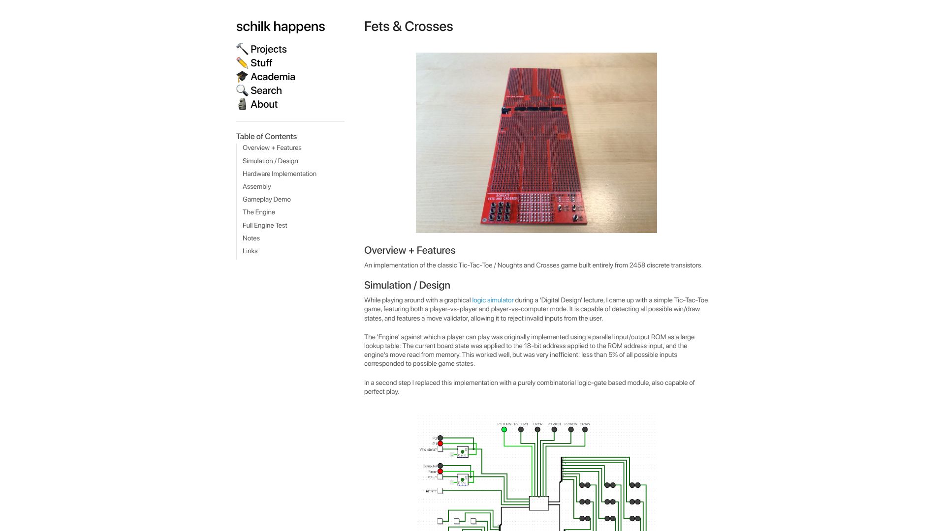 Screenshot of schilk.co: Fets and Crosses: Tic-Tac-Toe built from 2458 discrete transistors