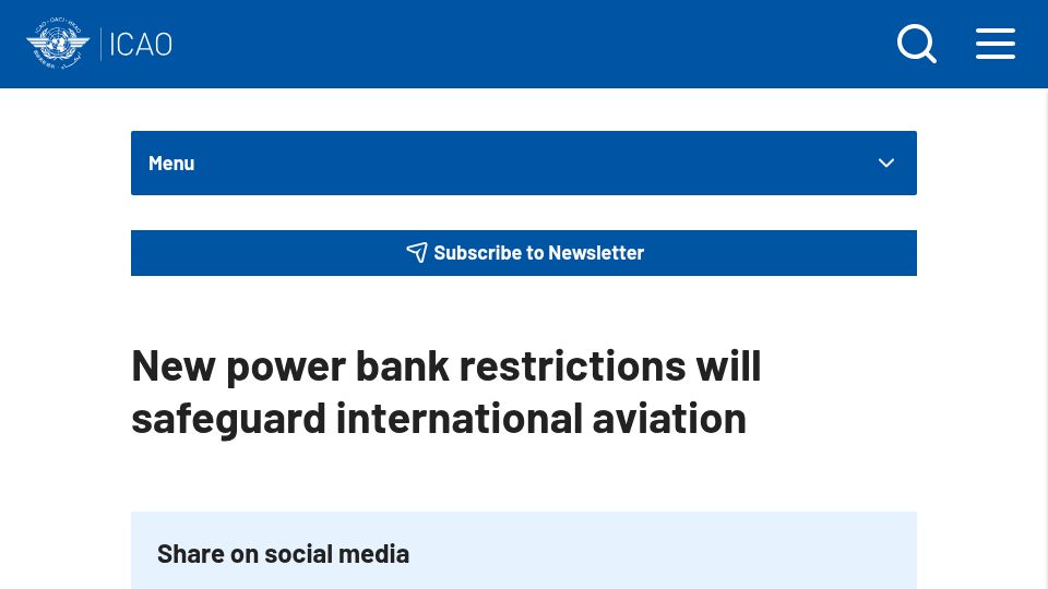 Screenshot of icao.int: ICAO issued new power bank restriction on flight