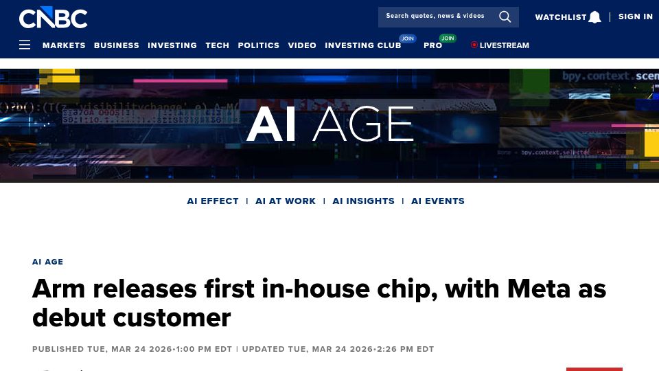 Screenshot of cnbc.com: Arm releases first in-house chip, with Meta as debut customer