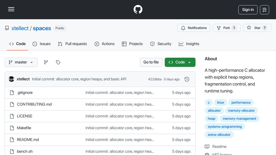 Screenshot of github.com: A single-file C allocator with explicit heaps and tuning knobs