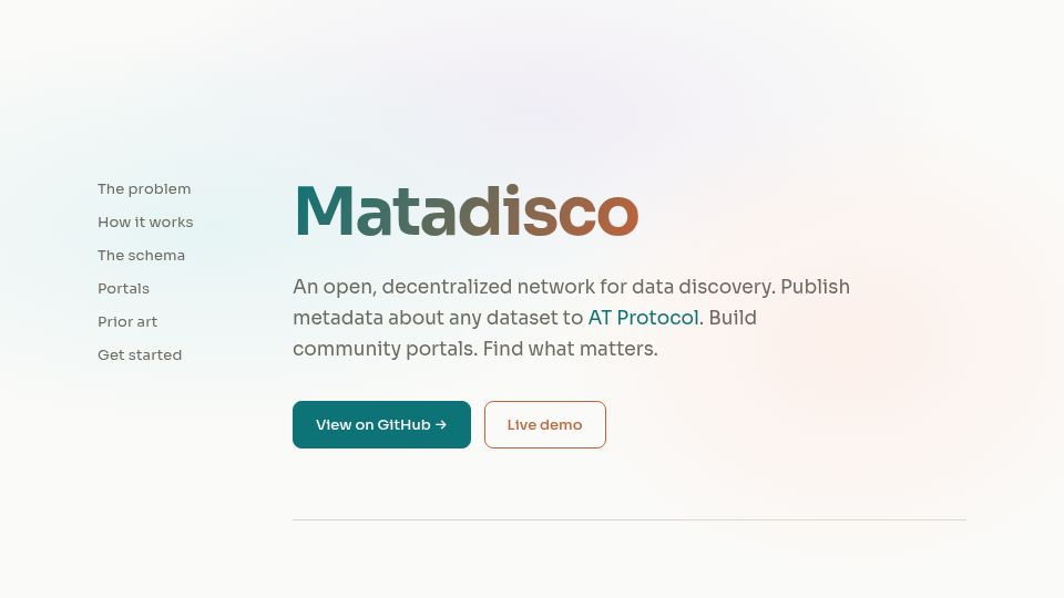 Screenshot of matadisco.org: Matadisco – Decentralized Data Discovery