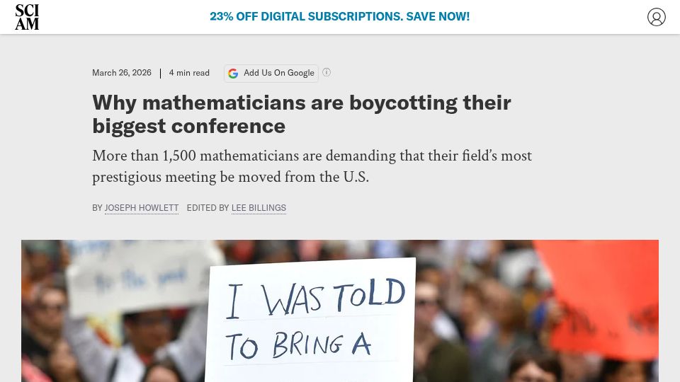 Screenshot of scientificamerican.com: Why mathematicians are boycotting their biggest conference