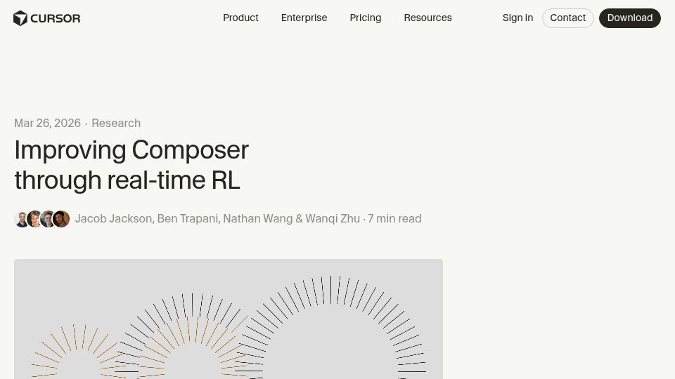 Screenshot of cursor.com: Improving Composer through real-time RL