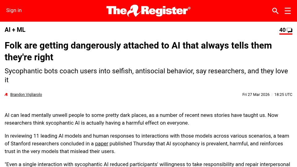 Screenshot of theregister.com: Folk are getting dangerously attached to AI that always tells them they're right