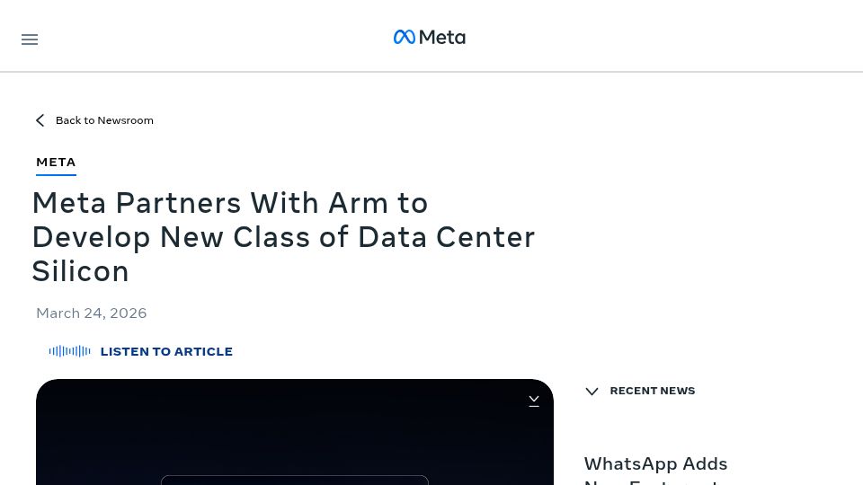 Screenshot of about.fb.com: Meta Partners with Arm to Develop New Class of Data Center Silicon