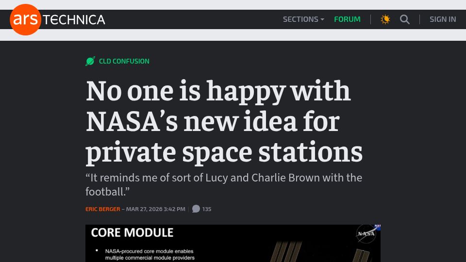 Screenshot of arstechnica.com: No one is happy with NASA's new idea for private space stations