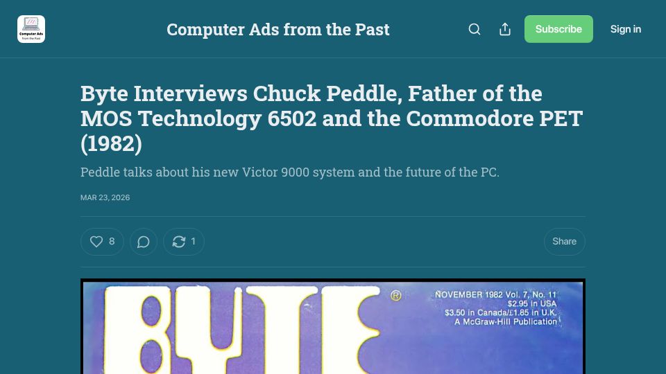 Screenshot of computeradsfromthepast.substack.com: Byte Interviews Chuck Peddle, Father of the MOS 6502 and Commodore PET (1982)