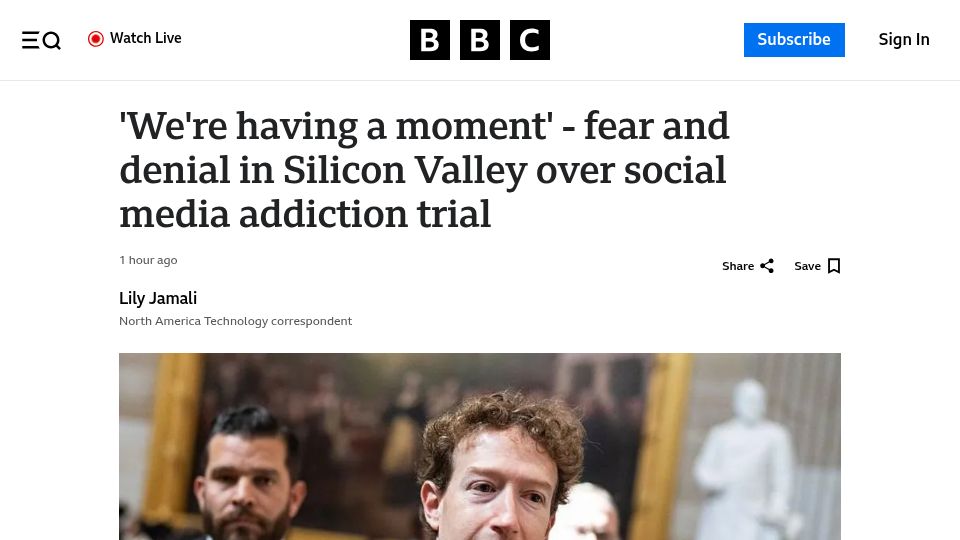 Screenshot of bbc.com: Fear and denial in Silicon Valley over social media addiction trial
