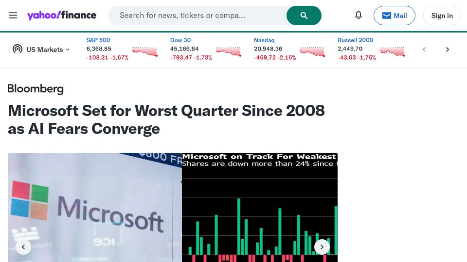 Screenshot of finance.yahoo.com: Microsoft Set for Worst Quarter Since 2008