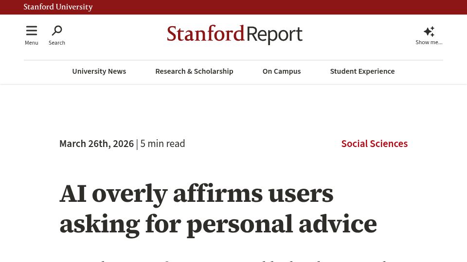 Screenshot of news.stanford.edu: AI overly affirms users asking for personal advice