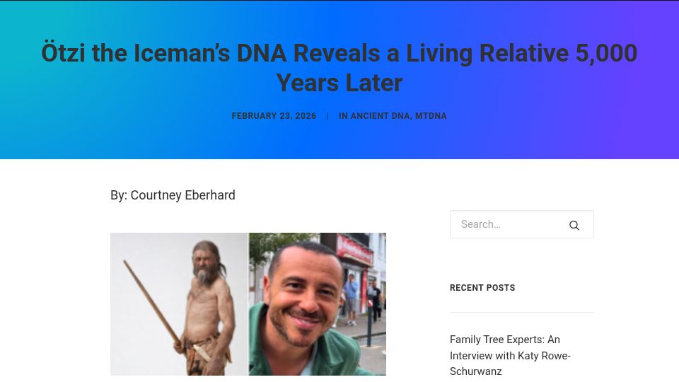 Screenshot of blog.familytreedna.com: Ötzi the Iceman's DNA Reveals a Living Relative 5k Years Later
