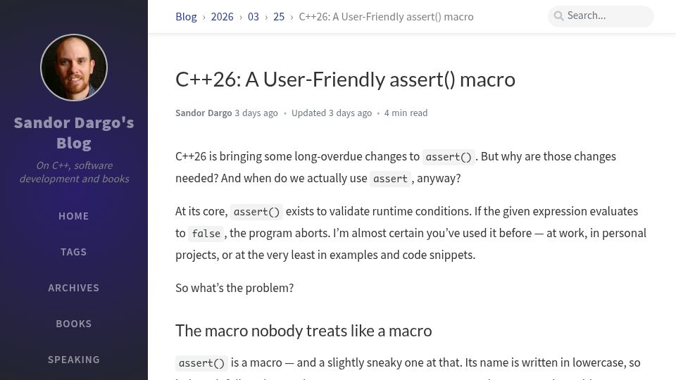 Screenshot of sandordargo.com: C++26: A User-Friednly assert() macro