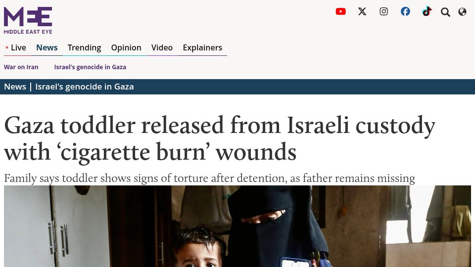 Screenshot of middleeasteye.net: Gaza toddler released from Israeli custody with 'cigarette burn' wounds