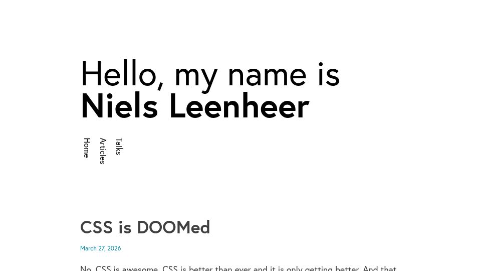 Screenshot of nielsleenheer.com: CSS is DOOMed