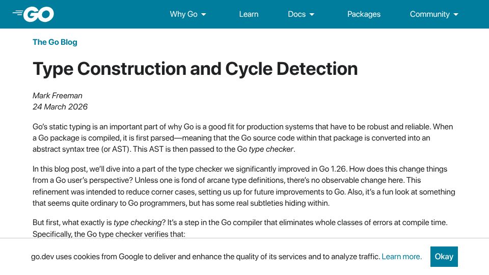 Screenshot of go.dev: Type Construction and Cycle Detection