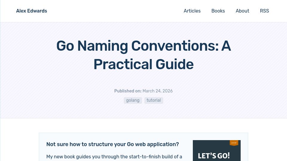 Screenshot of alexedwards.net: Go Naming Conventions: A Practical Guide