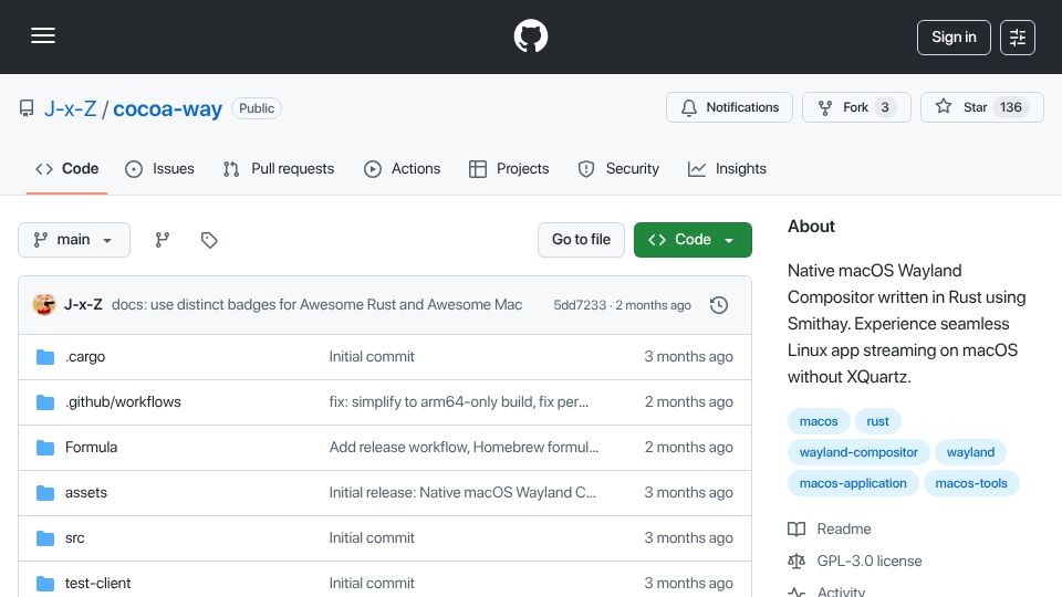 Screenshot of github.com: Cocoa-Way – Native macOS Wayland compositor for running Linux apps seamlessly
