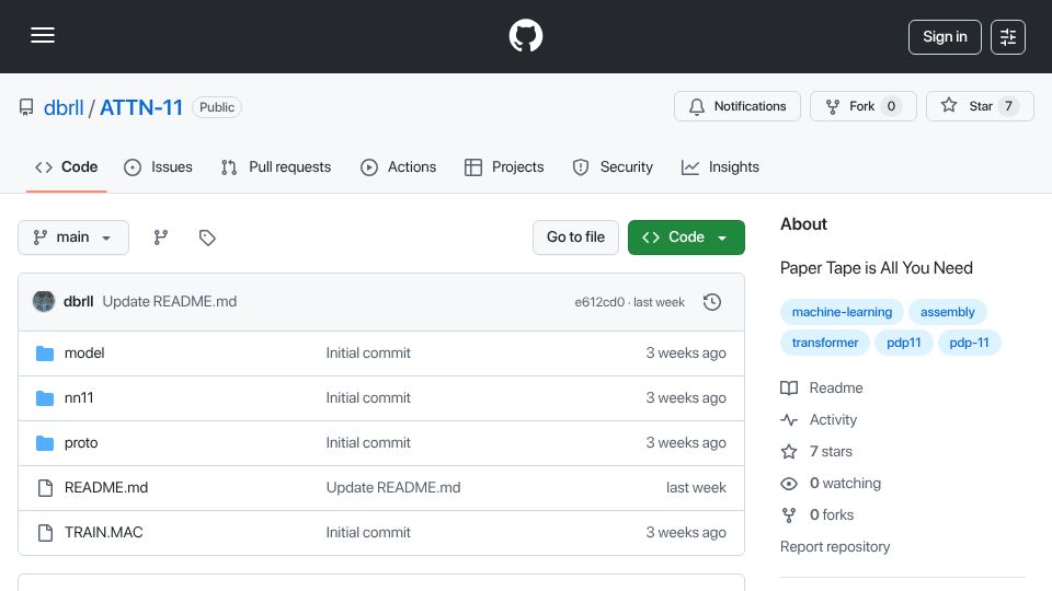 Screenshot of github.com: Paper Tape Is All You Need – Training a Transformer on a 1976 Minicomputer