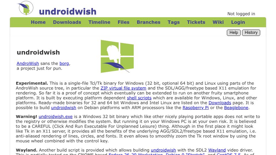 Screenshot of androwish.org: Undroidwish – A single-file, batteries-included Tcl/Tk binary for many platforms